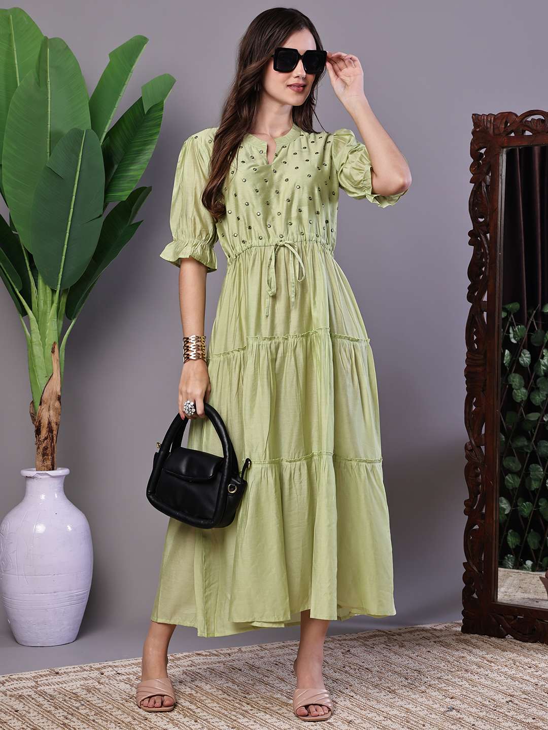 Wome's Boho-Chic Forest Green Tiered Maxi Dress with Puff Sleeves Dresses - Image 4