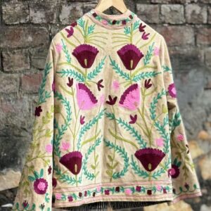Womens Light Beige Velvet Embroidered Jacket with Floral Design